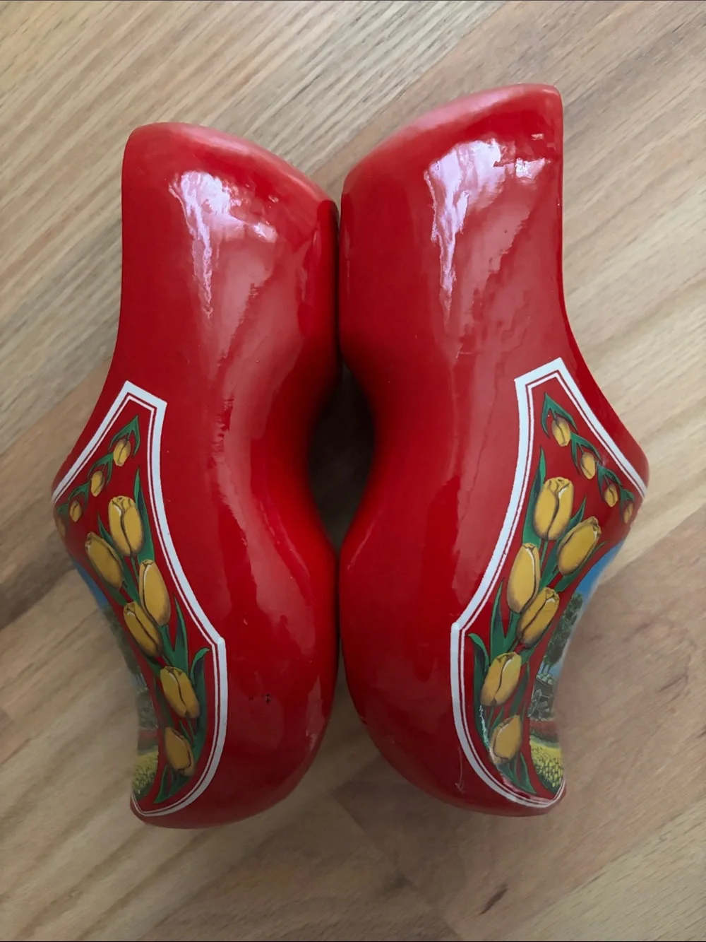 Kids Red Holland Wooden Clogs with Windmill Artwork